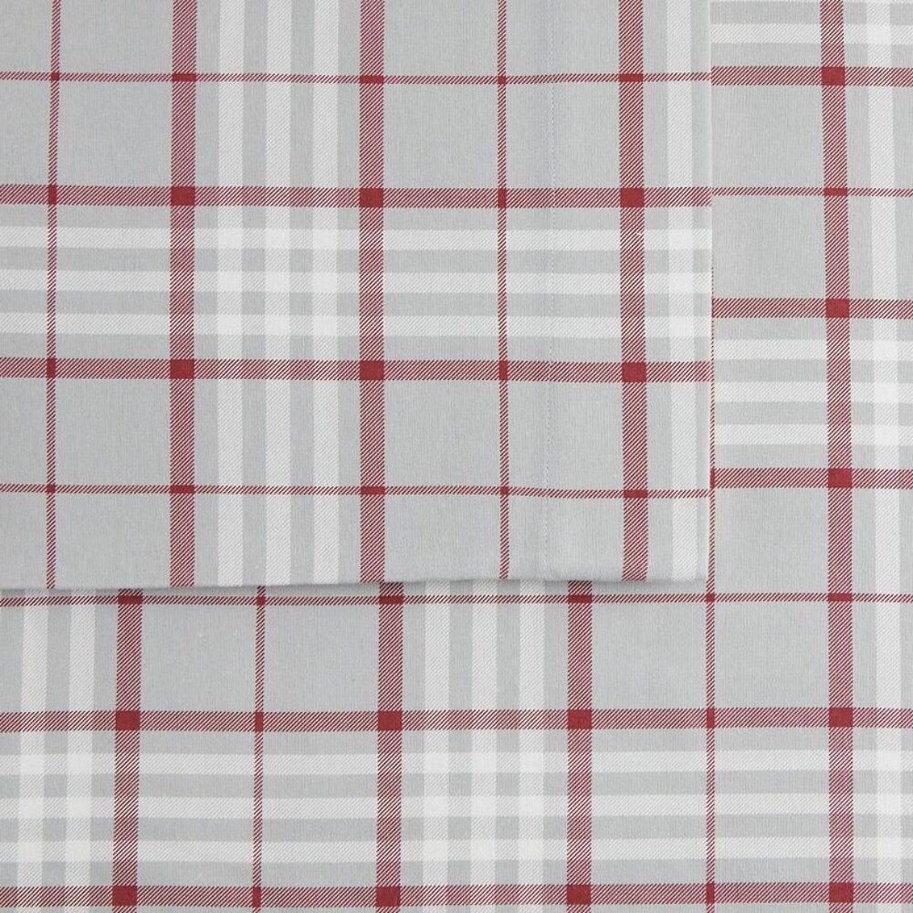 New Cuddl Duds Heavy Weight 100 % Cotton Flannel Sheets KING Grey and Red Plaid